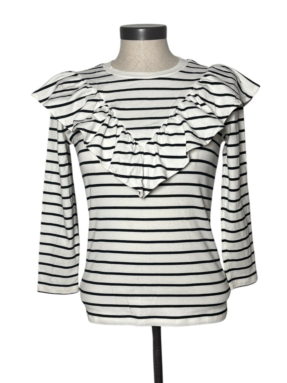 Lauren Ralph Lauren Ruffle Black White Stripe Top Quiet Luxury Small
